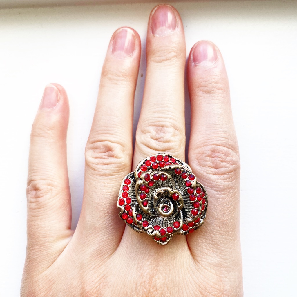 Vintage Chunky Silver & Ruby Rose Flower Ring